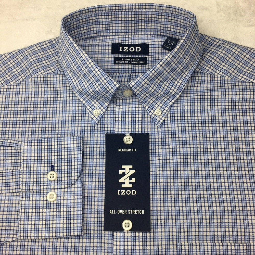 IZOD Shirt Mens 15-15.5/32-33 Blue Plaid All Over Stretch Wrinkle Free Regular